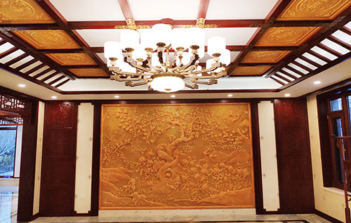 庆阳中式别墅客厅中式木作横梁吊顶装饰展示