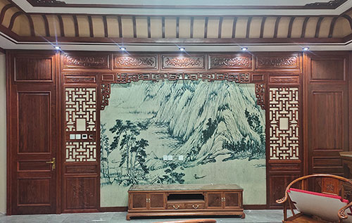 庆阳中式仿古别墅客厅背景墙花格木作装饰